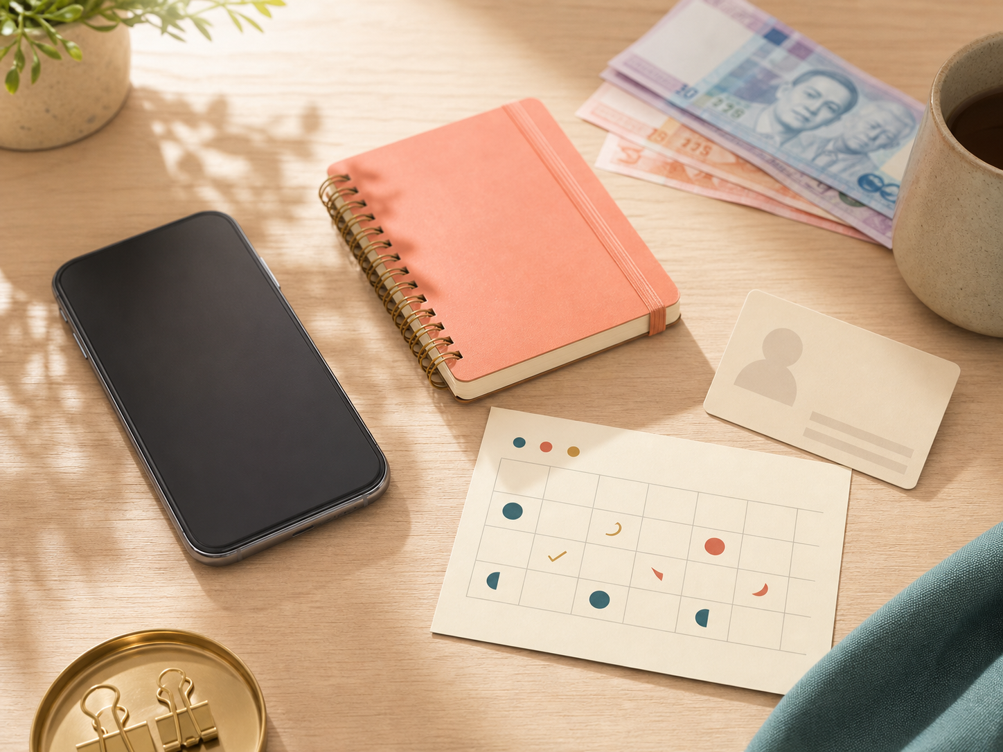 A warm desk arrangement with a phone, notebook, peso bills, and abstract repayment calendar cards