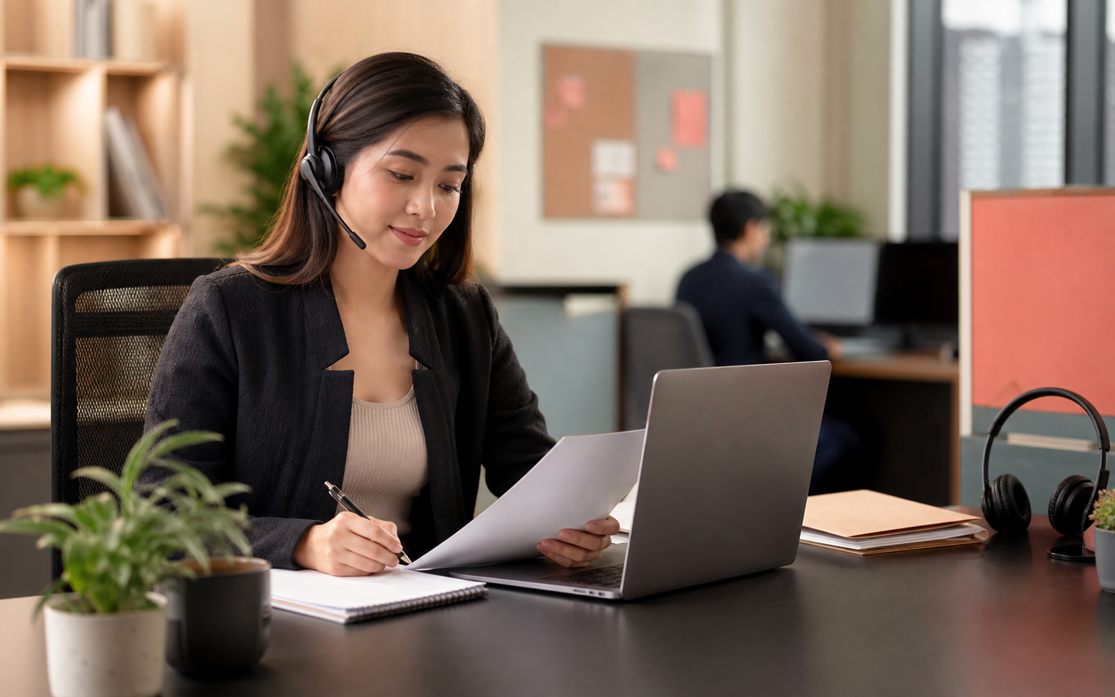 A support specialist reviewing a borrower support case at a modern office desk